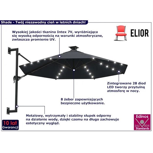Okrągły parasol ścienny z oświetleniem LED antracyt - Shade Elior One Size promocja Edinos.pl