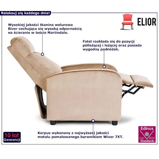 Beżowy rozkładany fotel welurowy - Alho 4X Elior One Size Edinos.pl