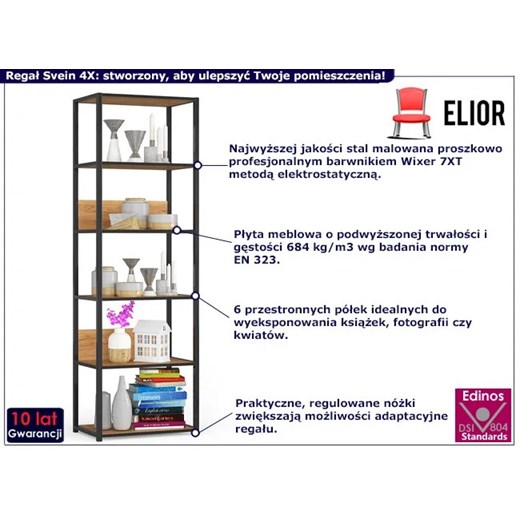Otwarty regał z 6 półkami w stylu loft czarny + dąb craft - Svein 4X Elior One Size okazja Edinos.pl