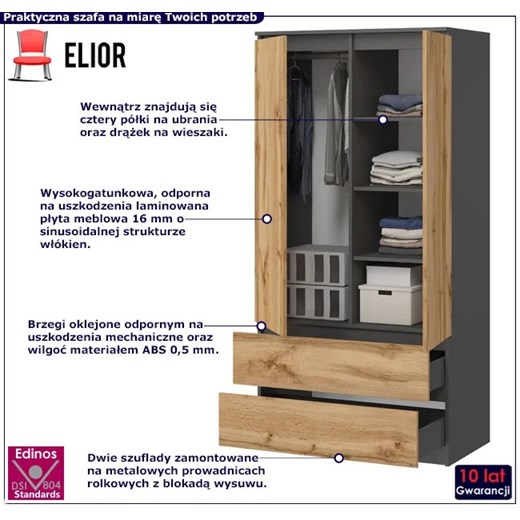 Nowoczesna szafa na ubrania antracyt + dąb wotan - Dagi Elior One Size Edinos.pl