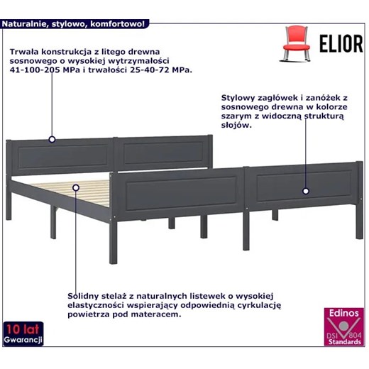 Szare podwójne łóżko z litego drewna 180x200 - Siran 7X Elior One Size okazja Edinos.pl