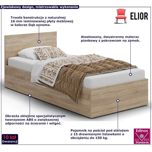 Łóżko z materacem dąb sonoma 90x200 - Cansar 3X Elior One Size okazja Edinos.pl