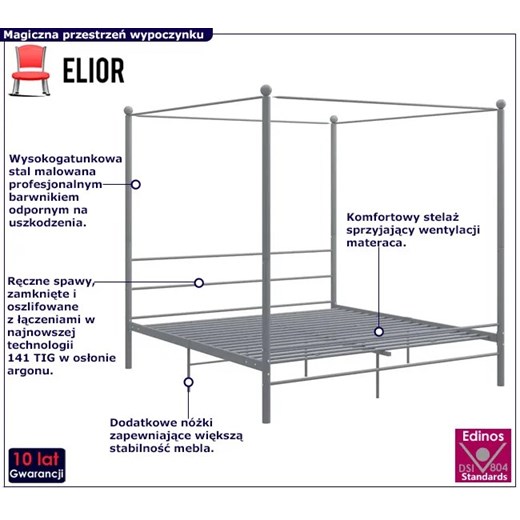 Szare metalowe łóżko z baldachimem 160x200 cm - Wertes Elior One Size Edinos.pl