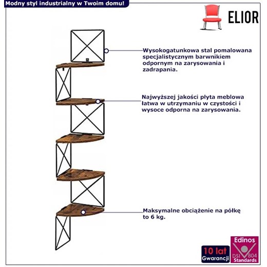 Narożna industrialna półka ścienna rustykalny brąz - Uxis Elior One Size Edinos.pl