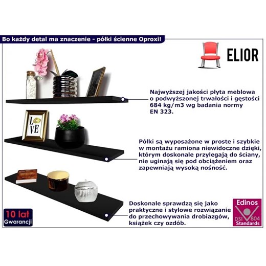 Czarny zestaw 3 klasycznych półek ściennych - Oproxi Elior One Size promocja Edinos.pl