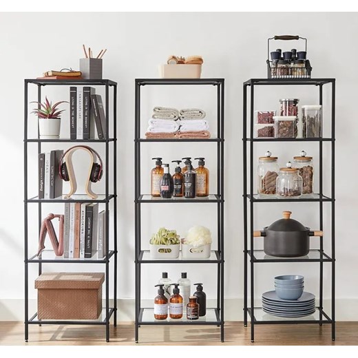 Czarny metalowy szklany regał z 5 półkami w stylu loft - Resso 3X Elior One Size Edinos.pl