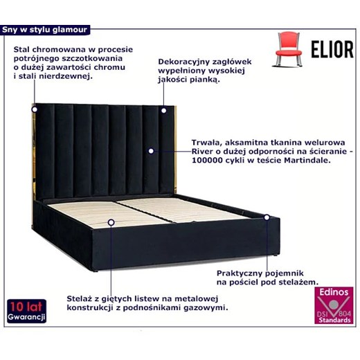 Czarne tapicerowane łóżko małżeńskie glamour 160x200 - Alzo Elior One Size Edinos.pl
