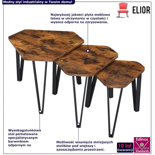 Industrialny zestaw 3 stolików kawowych - Nuxi Elior One Size Edinos.pl