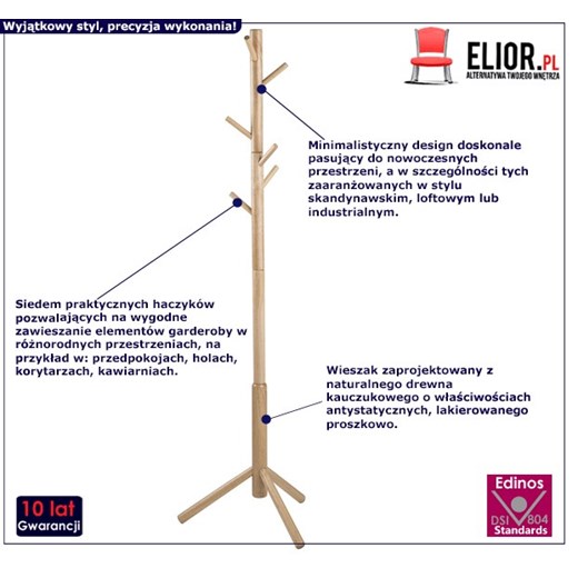 Skandynawski wieszak stojący Helmi - naturalny Elior One Size Edinos.pl