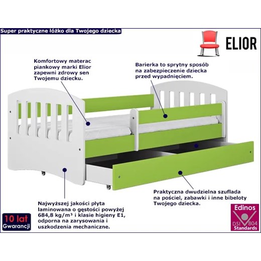 Łóżko dziecinne z barierką Pinokio 2X 80x180 - zielone Elior One Size Edinos.pl