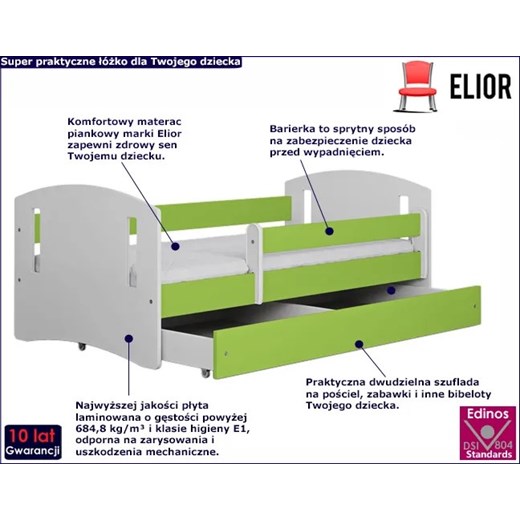 Łóżko dziecięce z szufladą Pinokio 3X 80x140 - zielone Elior One Size Edinos.pl