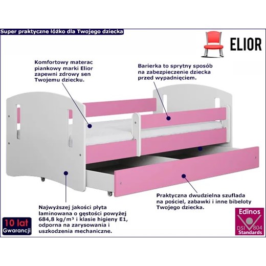 Łóżko dla dziewczynki z szufladą Pinokio 3X 80x160 - różowe Elior One Size Edinos.pl