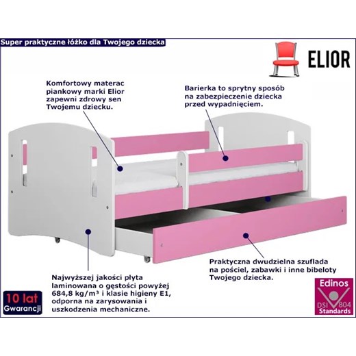 Łóżko dla dziewczynki z barierką Pinokio 3X 80x180 - różowe Elior One Size Edinos.pl