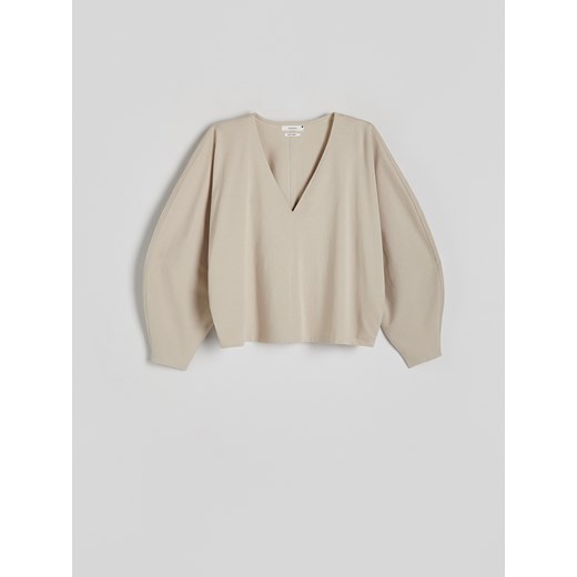 Reserved - Krótka bawełniana bluza - beżowy ze sklepu Reserved w kategorii Bluzy damskie - zdjęcie 172241948