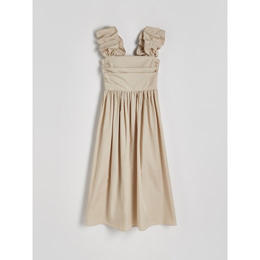 Reserved - Bawełniana sukienka midi z marszczeniami - beżowy ze sklepu Reserved w kategorii Sukienki - zdjęcie 172242037