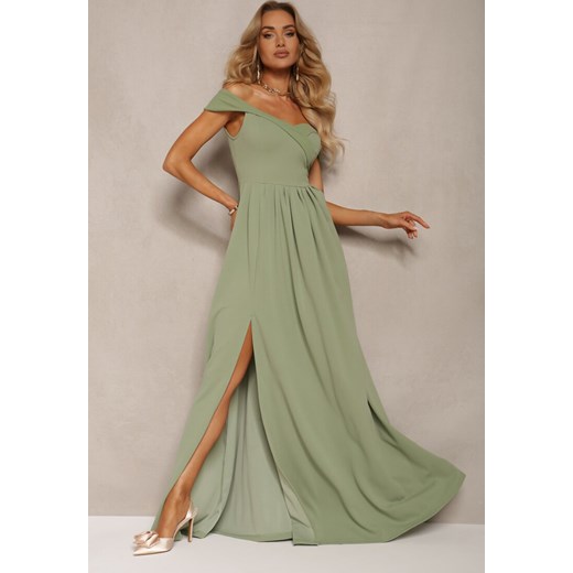 Jasnozielona Elegancka Długa Sukienka Hiszpanka Wykończona Rozcięciem na Dole Idelia ze sklepu Renee odzież w kategorii Sukienki - zdjęcie 172242396