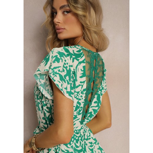 Zielona Sukienka z Dekoltem z Siateczką z Krótkim Rękawem i Materiałowym Paskiem Mleasa ze sklepu Renee odzież w kategorii Sukienki - zdjęcie 172242567