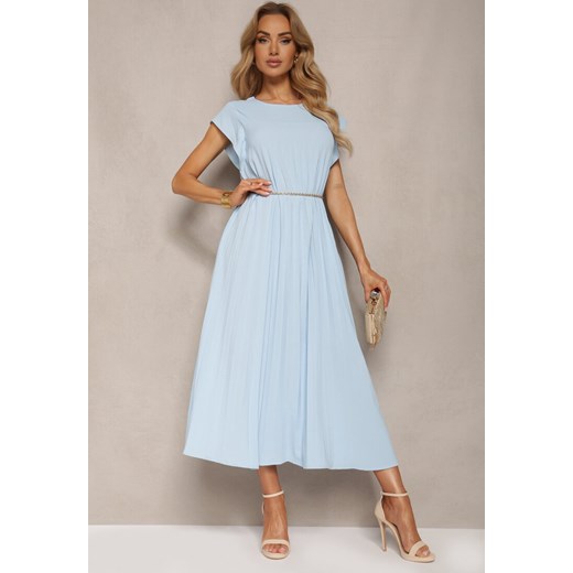 Niebieska Rozkloszowana Sukienka z Plisowaniem i Krótkim Rękawem Hevina ze sklepu Renee odzież w kategorii Sukienki - zdjęcie 172242735
