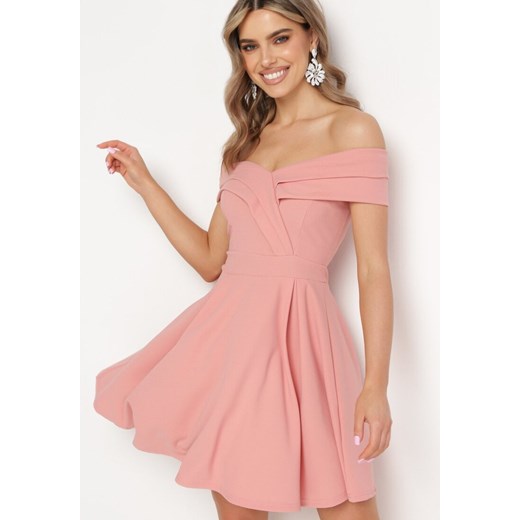 Różowa Sukienka z Hiszpańskim Dekoltem o Rozkloszowanym Fasonie Vilenia ze sklepu Born2be Odzież w kategorii Sukienki - zdjęcie 172244109