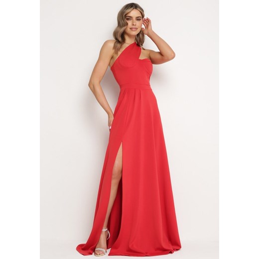 Czerwona Rozkloszowana Sukienka z Asymetryczną Górą i Wiązaniem na Ramieniu z Rozcięciem Efirey ze sklepu Born2be Odzież w kategorii Sukienki - zdjęcie 172244137