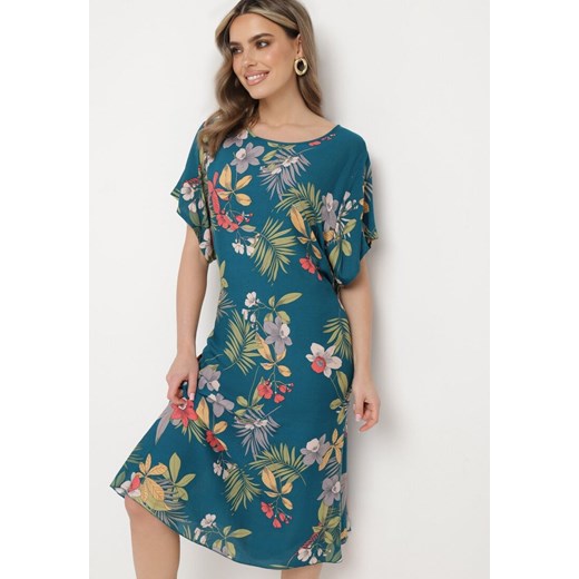 Granatowa Wiskozowa Sukienka w Kwiaty ze Sznurkiem w Talii Colsia XL promocja Born2be Odzież