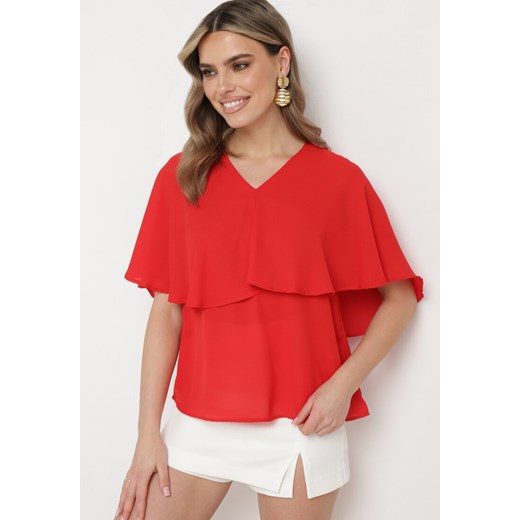 Czerwona Bluzka z Ozdobną Falbanką wokół Dekoltu Gavila XL promocyjna cena Born2be Odzież