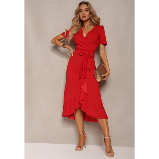 Czerwona Kopertowa Sukienka z Falbanką Caronia ze sklepu Renee odzież w kategorii Sukienki - zdjęcie 172246606
