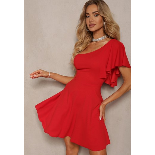 Czerwona Sukienka o Rozkloszowanym Kroju z Asymetryczną Górą na Jedno Ramię Renee L promocja Renee odzież