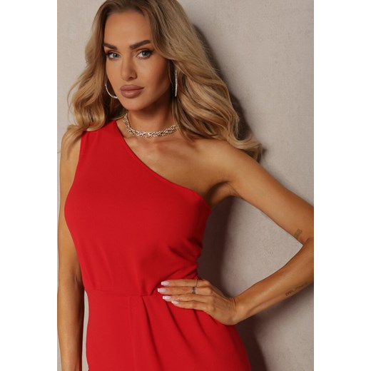 Czerwona Asymetryczna Sukienka Koktajlowa z Trenem z Boku na Jedno Ramię Elalia Renee L Renee odzież promocja