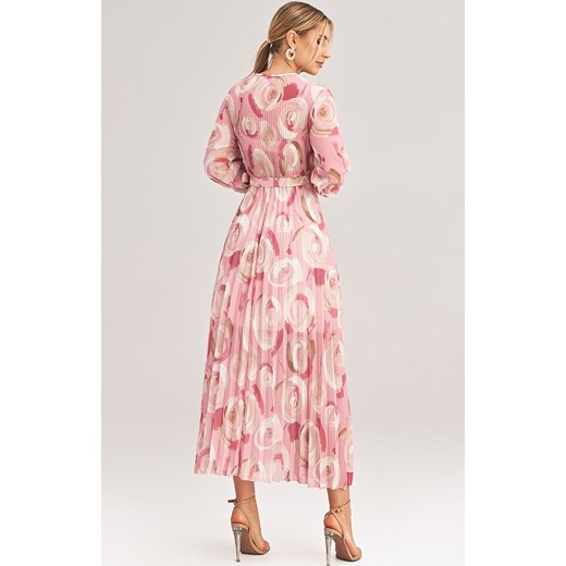 Plisowana sukienka z rękawem 3/4 M1006/167, Kolor różowy-wzór, Rozmiar uniwersalny Primodo