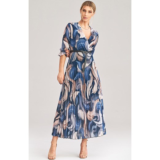 Plisowana sukienka maxi z rękawem 3/4 M1008/170, Kolor niebiesko-beżowy, Rozmiar uniwersalny, Figl ze sklepu Primodo w kategorii Sukienki - zdjęcie 172251726