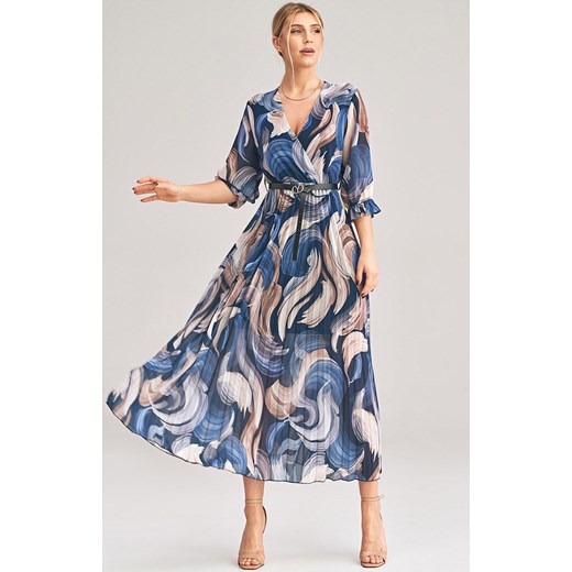 Plisowana sukienka maxi z rękawem 3/4 M1008/170, Kolor niebiesko-beżowy, Rozmiar uniwersalny Primodo