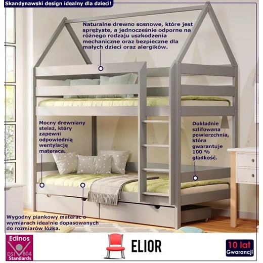 Szare piętrowe łóżko drewniane domek dla rodzeństwa z szufladami - Zuzu 4X Elior One Size Edinos.pl
