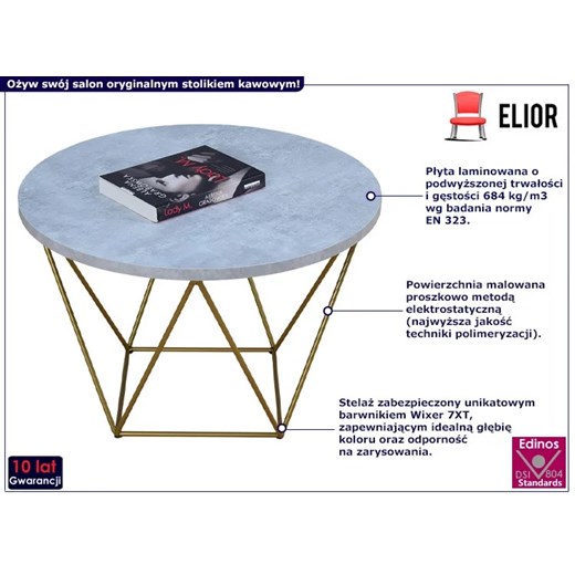 Okrągły stolik kawowy ze złotym stelażem beton - Boreko 3X Elior One Size Edinos.pl