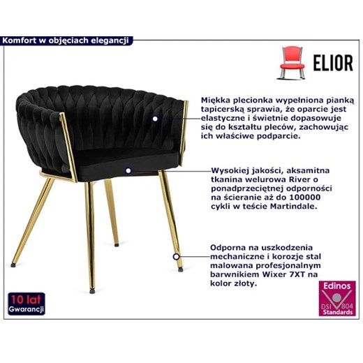 Czarne krzesło plecione w stylu glamour - Upro Elior One Size Edinos.pl