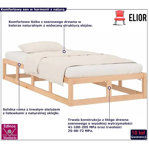 Pojedyncze naturalne sosnowe łóżko 90x200 - Kaori 3X Elior One Size Edinos.pl