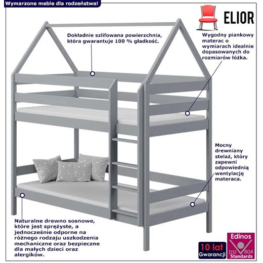 Szare skandynawskie piętrowe łóżko domek dla dzieci z drabinką - Zuzu 3X 190x90 Elior One Size Edinos.pl