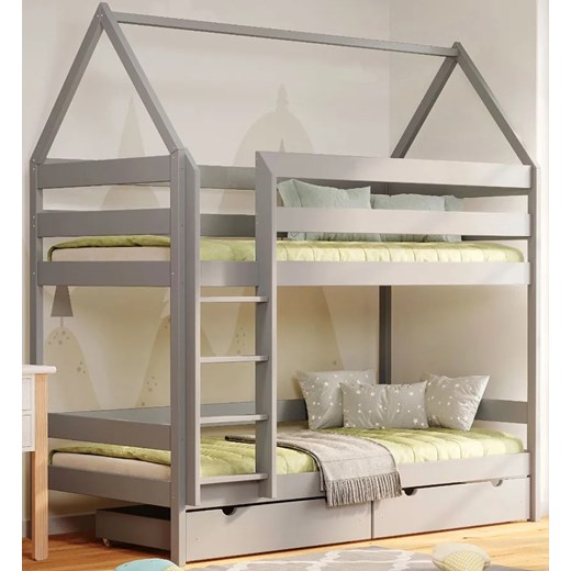 Szare piętrowe łóżko drewniane domek dla rodzeństwa z szufladami - Zuzu 4X 180x90 cm ze sklepu Edinos.pl w kategorii Łóżka dziecięce - zdjęcie 172257769