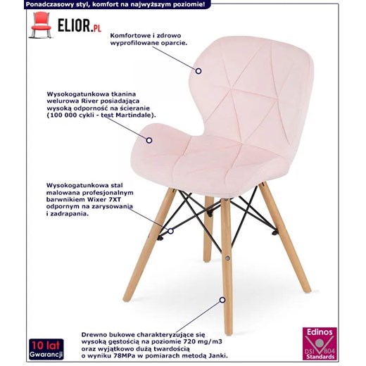 Różowe krzesło welurowe pikowane do stołu - Zeno 4X Elior One Size Edinos.pl