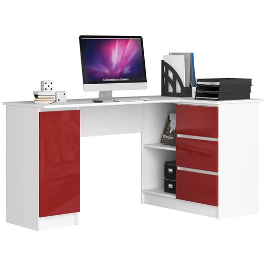 Duże biurko nowoczesne z szufladami biały + czerwony połysk prawostronne  - Elior One Size Edinos.pl