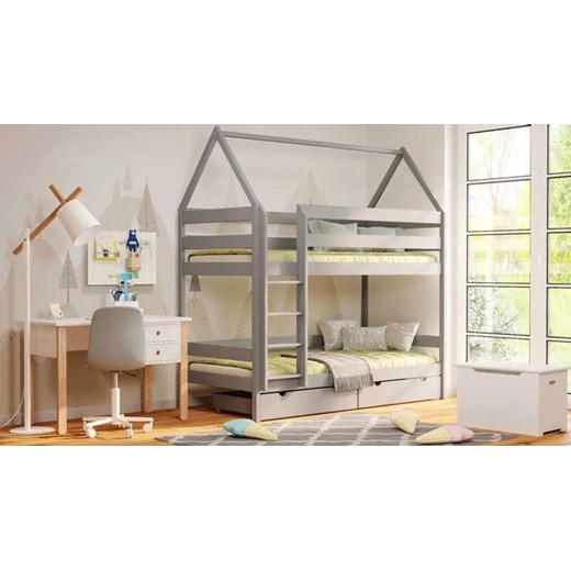 Piętrowe szare drewniane łóżko dziecięce domek z 2 szufladami - Zuzu 4X 180x80 Elior One Size Edinos.pl