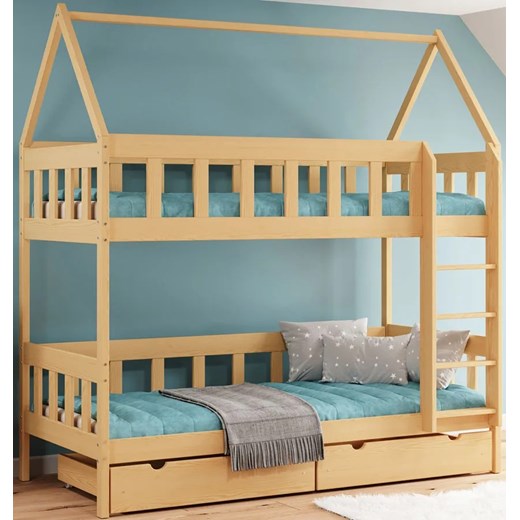 Łóżko piętrowe domek z drewna z szufladami, sosna - Gigi 4X 200x90 cm ze sklepu Edinos.pl w kategorii Łóżka dziecięce - zdjęcie 172263775