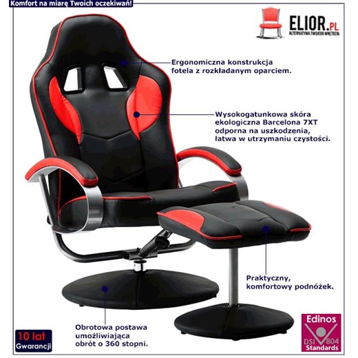 Czarno-czerwony fotel gamingowy z podnóżkiem - Endy Elior One Size Edinos.pl
