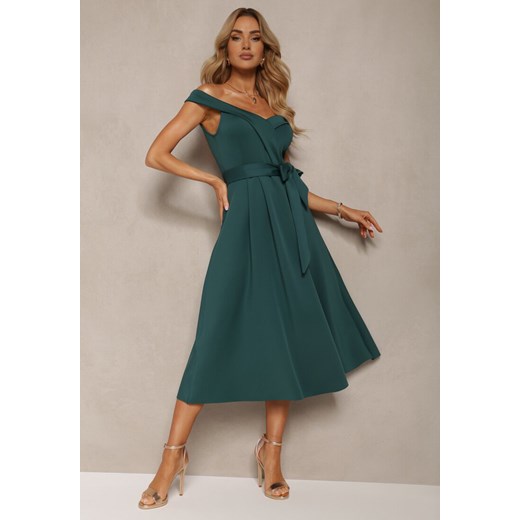 Zielona Sukienka Wieczorowa Hiszpanka z Materiałowym Paskiem Yellia ze sklepu Renee odzież w kategorii Sukienki - zdjęcie 172271995