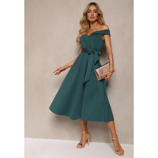 Zielona Sukienka Wieczorowa Hiszpanka z Materiałowym Paskiem Yellia ze sklepu Renee odzież w kategorii Sukienki - zdjęcie 172271996