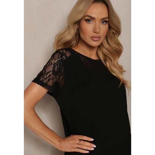 Czarny Wiskozowy T-shirt Koszulka z Krótkim Rękawem i Koronką Liada Renee L Renee odzież okazja