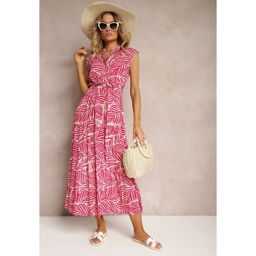 Różowa Rozkloszowana Sukienka z Wiskozy z Gumką w Pasie i Krótkim Rękawem Vienessa ze sklepu Renee odzież w kategorii Sukienki - zdjęcie 172272136