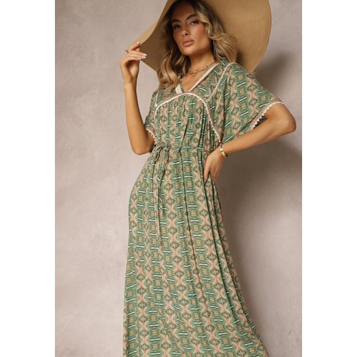 Zielona Wiskozowa Sukienka w Stylu Boho z Krótkim Rękawem i Materiałowym Paskiem Renee XL Renee odzież wyprzedaż