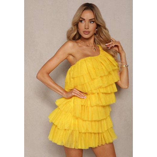 Żółta Rozkloszowana Sukienka Mini z Falbankami i Asymetrycznymi Ramionami Liurtta ze sklepu Renee odzież w kategorii Sukienki - zdjęcie 172272255