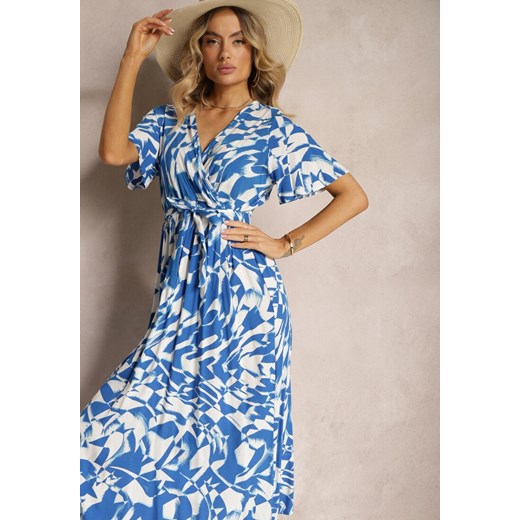 Niebieska Kopertowa Sukienka z Wiskozy z Gumką w Talii i Materiałowym Paskiem Bresemia ze sklepu Renee odzież w kategorii Sukienki - zdjęcie 172272409